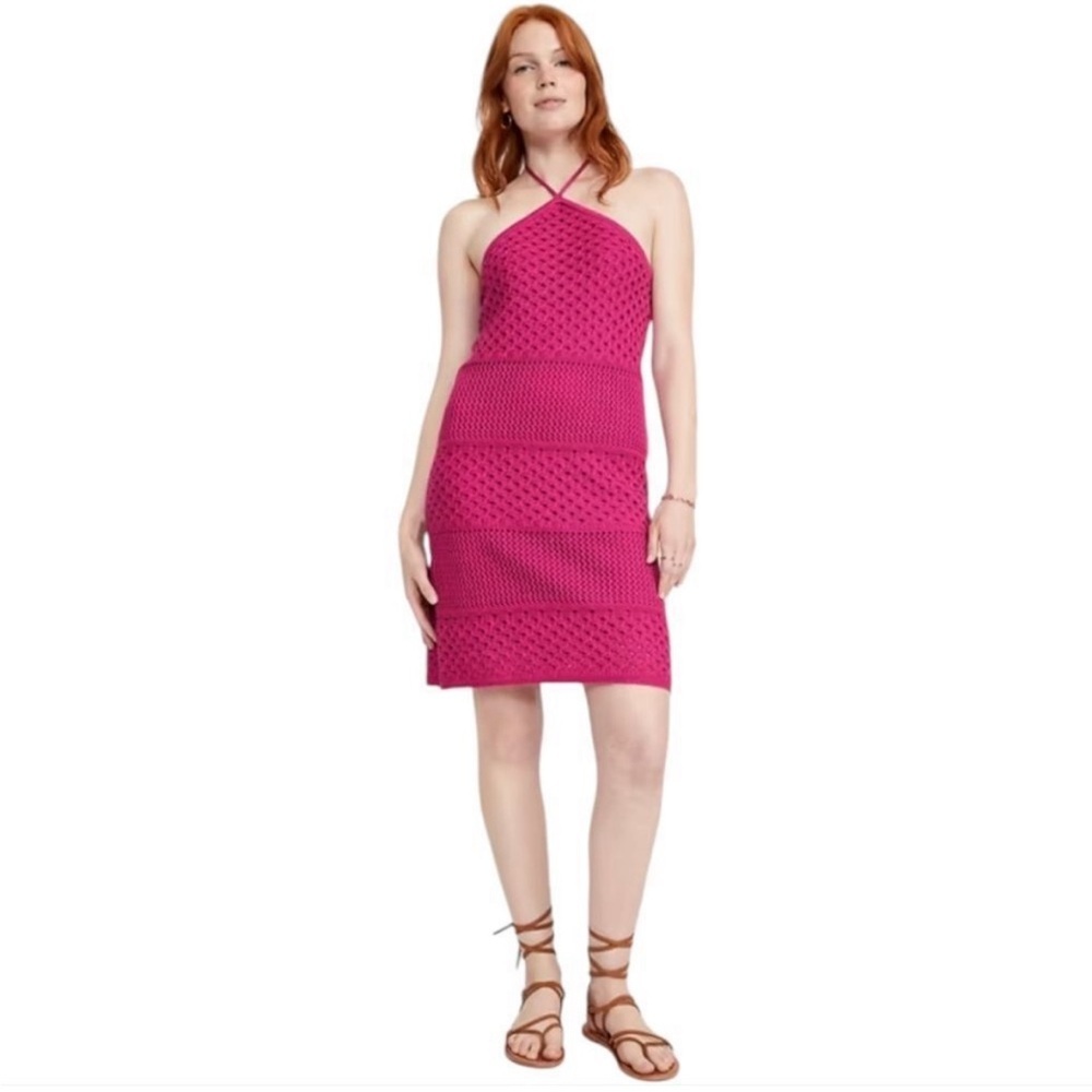 Old Navy | Dragonfruit Pink Crochet Halter Apron Mini Dress